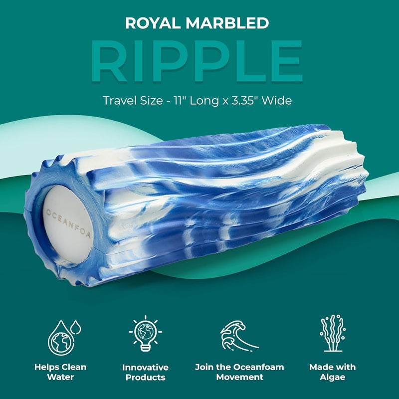 Oceanfoam Ripple Travel Foam Roller (11" x 3.35") Firm Mini Foam Roller for Physical Therapy, Deep Tissue Massage, Back Pain - High Density, Ergonomic Wave Textured - Yoga, Exercise (Royal Marbled) - Image 2